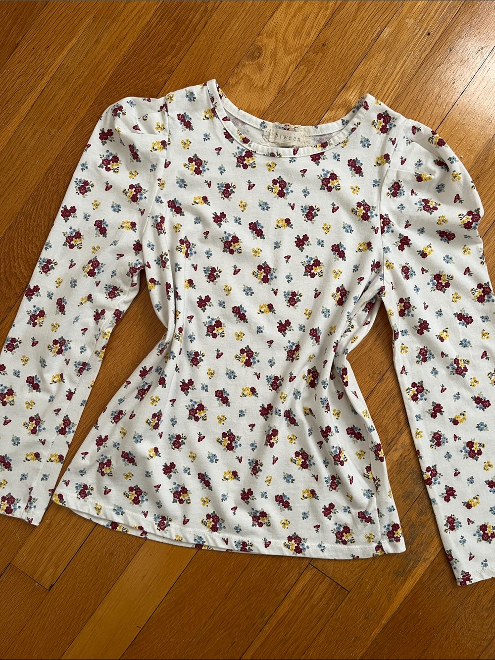 Size 12 Girls Floral Jersey Knit Long Sleeved Puff Shoulder Top Blouse Shirt